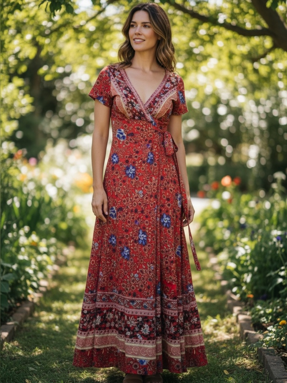 NWT She & Sho Red Floral Maxi Wrap Dress Boho Festival Cottagecore Size S